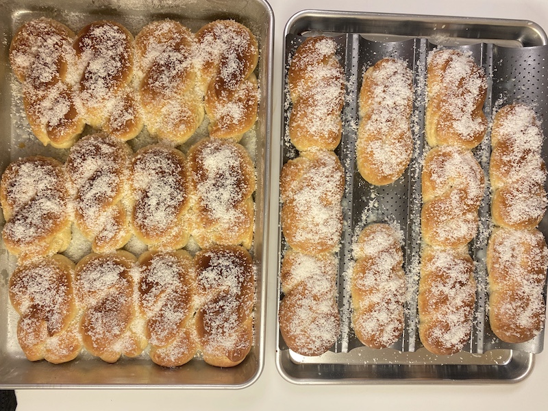 two baking trays with delicious Sweet coconut Breads 