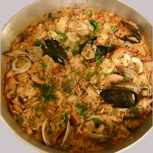A big Pot with Seafood paella